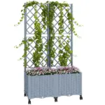 Outsunny Planter Box with Trellis, Self Watering Raised Garden Bed with Lockable Wheels and Drainage Holes, Gray - Image 11