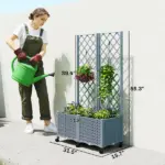 Outsunny Planter Box with Trellis, Self Watering Raised Garden Bed with Lockable Wheels and Drainage Holes, Gray - Image 3