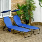 Pool Chaise Lounge Chairs Set of 2, Folding Lounge Chairs with Sunshade, Reclining Back, Steel Frame, Blue - Image 2