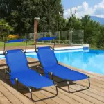 Pool Chaise Lounge Chairs Set of 2, Folding Lounge Chairs with Sunshade, Reclining Back, Steel Frame, Blue - Image 10