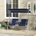 Outsunny Porch Swing 2 Person with Stand, Outdoor, Dark Blue, Canopy, Cup Holders, Cushions for Patio Backyard - Image 2