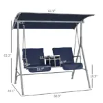 Outsunny Porch Swing 2 Person with Stand, Outdoor, Dark Blue, Canopy, Cup Holders, Cushions for Patio Backyard - Image 3