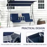 Outsunny Porch Swing 2 Person with Stand, Outdoor, Dark Blue, Canopy, Cup Holders, Cushions for Patio Backyard - Image 5