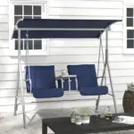 Outsunny Porch Swing 2 Person with Stand, Outdoor, Dark Blue, Canopy, Cup Holders, Cushions for Patio Backyard - Image 10