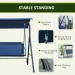 Porch Swing Bench 3-Person with Stand Adjustable Canopy Armrests Steel Frame for Outdoor Garden Patio Porch Poolside Dark Blue - Image 5