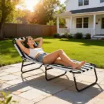 Outsunny Portable Folding Adjustable Sun Beach Lounger / Camping Cot - Black and White - Image 2