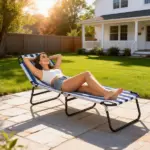 Outsunny Portable Folding Adjustable Sun Beach Lounger / Camping Cot - Blue and White - Image 2
