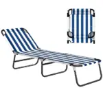 Outsunny Portable Folding Adjustable Sun Beach Lounger / Camping Cot - Blue and White - Image 11