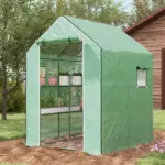 Outsunny Portable Greenhouse 4.6 x 4.7 ft Walk-In Hot House with Roll Up Door Windows U-Shape Flower Rack Water UV Resistant Green - Image 2