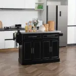 HOMCOM Portable Kitchen Island Cart, Black, on Wheels with Stainless Steel Top, Storage Cabinets, Spice Rack - Image 2