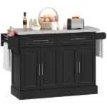 HOMCOM Portable Kitchen Island Cart, Black, on Wheels with Stainless Steel Top, Storage Cabinets, Spice Rack
