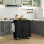 HOMCOM Portable Kitchen Island, Charging Kitchen Storage Island with Wheels, Spice Rack and Drawer, Kitchen Cart for Home, Black - Image 2