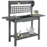 Potting Bench Outdoor, Wooden Workstation with Expandable Sliding Tabletop, Storage Shelf and Dry Sink, Indoor and Outdoor, Gray - Image 11