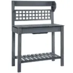 Potting Bench Outdoor, Wooden Workstation with Expandable Sliding Tabletop, Storage Shelf and Dry Sink, Indoor and Outdoor, Gray