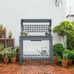 Potting Bench Outdoor, Wooden Workstation with Expandable Sliding Tabletop, Storage Shelf and Dry Sink, Indoor and Outdoor, Gray - Image 10