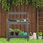 Potting Bench with Wheels Sink Drawer Storage Spaces Wooden Gray - Image 2