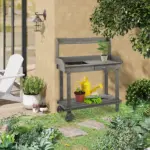 Potting Bench with Wheels Sink Drawer Storage Spaces Wooden Gray - Image 10