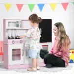 Pretend Play Kitchen, Kids Kitchen Playset with Play Phone, Chalkboard, Towel Rack and Ice Maker for 3-8 Years Pink - Image 2