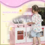 Pretend Play Kitchen, Kids Kitchen Playset with Play Phone, Chalkboard, Towel Rack and Ice Maker for 3-8 Years Pink - Image 6