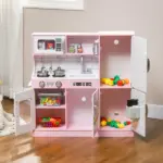 Pretend Play Kitchen, Kids Kitchen Playset with Play Phone, Chalkboard, Towel Rack and Ice Maker for 3-8 Years Pink - Image 9