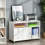 HOMCOM Printer Stand Home Office Mobile Cabinet Organizer Desktop with Caster Wheels, 2 Locking Breaks and Drawer, White - Image 2