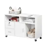 HOMCOM Printer Stand Home Office Mobile Cabinet Organizer Desktop with Caster Wheels, 2 Locking Breaks and Drawer, White - Image 11