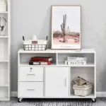 HOMCOM Printer Stand Home Office Mobile Cabinet Organizer Desktop with Caster Wheels, 2 Locking Breaks and Drawer, White - Image 10