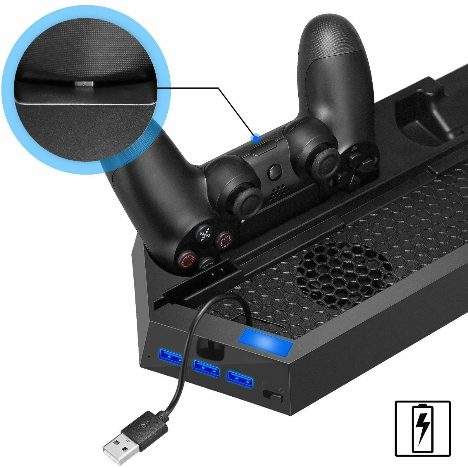 PS4 Vertical Cooling Stand with Dual Controller Charging Dock and USB Hub