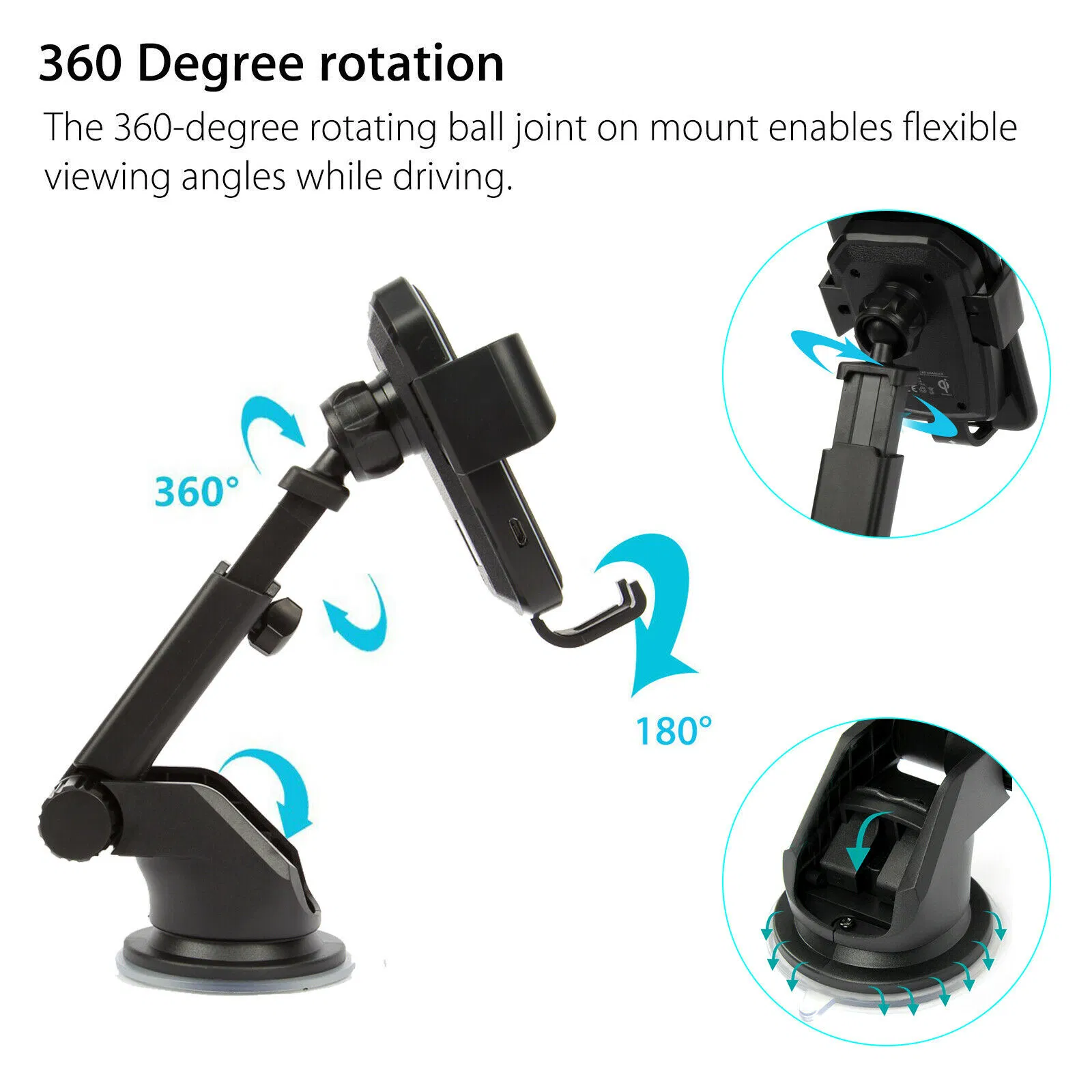 Qi Wireless Fast Charging Car Phone Mount and Charger 2 in 1