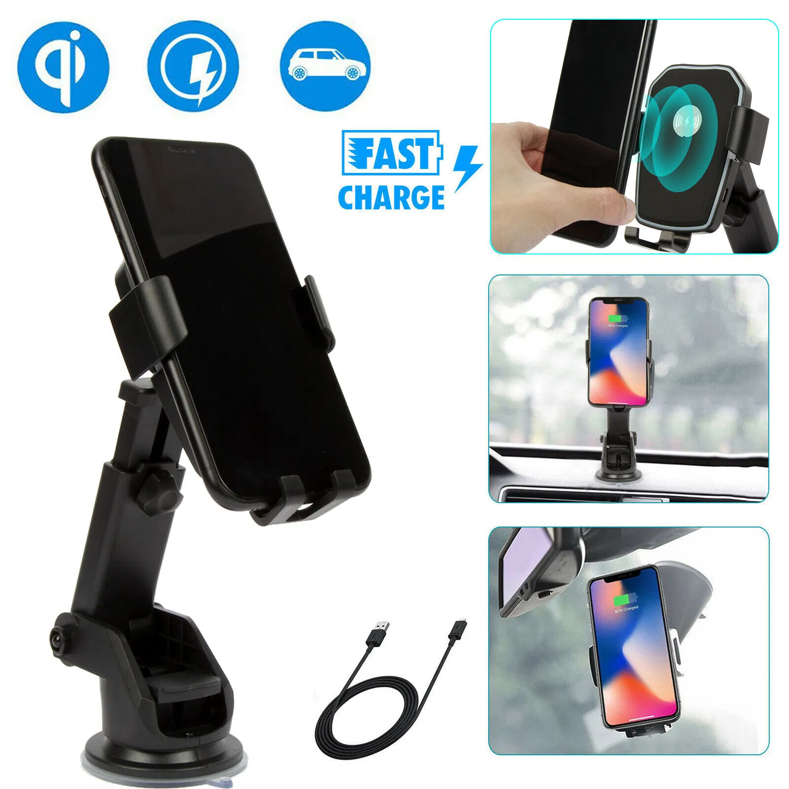 Qi Wireless Fast Charging Car Phone Mount and Charger 2 in 1
