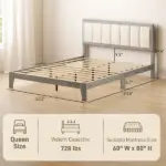 HOMCOM Queen Bed Frame with Headboard Queen Platform Bed Frame with Wooden Slats No Box Spring Needed Easy Assembly Gray - Image 3