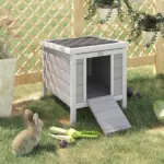 PawHut Rabbit Pen, Outdoor Wooden Rabbit Hutch Bunny Guinea Pig Cage with Waterproof Roof Gray - Image 2