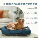 Raised Dog Couch with Comfortable Cushion, Pine Wood Legs, Foot Pads, for Large-Sized Dogs Indoor Use, Dark Blue - Image 7