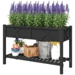 Outsunny Raised Garden Bed, 47 x 22 x 31.5in Elevated Wood Planter Box with Storage Shelf, Drainage Holes and Liner, Black