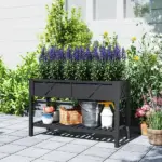 Outsunny Raised Garden Bed, 47 x 22 x 31.5in Elevated Wood Planter Box with Storage Shelf, Drainage Holes and Liner, Black - Image 9
