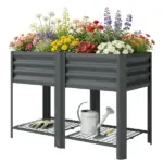 Outsunny Raised Garden Bed Galvanized Steel, Elevated Planter Box with Storage Shelf, Bed Liner, 31.5 Inch High, Dark Gray