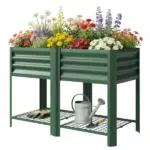 Outsunny Raised Garden Bed Galvanized Steel, Elevated Planter Box with Storage Shelf, Bed Liner, 31.5 Inch High, Green
