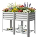 Outsunny Raised Garden Bed Galvanized Steel, Elevated Planter Box with Storage Shelf, Bed Liner, 31.5 Inch High, Silver