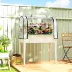 Outsunny Raised Garden Bed with Flip-Up Greenhouse Cover, Metal Elevated Garden Bed with Legs and Drainage Hole, White - Image 2