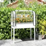 Outsunny Raised Garden Bed with Flip-Up Greenhouse Cover, Metal Elevated Garden Bed with Legs and Drainage Hole, White - Image 10