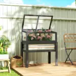 Outsunny Raised Garden Bed with Flip-Up Mini Greenhouse, Elevated Planter Box with Legs and Bed Liner for Flowers, Vegetables - Image 2