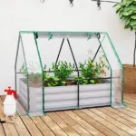 Outsunny Raised Garden Bed with Greenhouse, Steel Planter Box with Plastic Cover, Roll-Up Window, Clear - Image 2