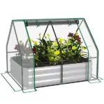 Outsunny Raised Garden Bed with Greenhouse, Steel Planter Box with Plastic Cover, Roll-Up Window, Clear