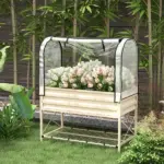 Raised Garden Bed with Legs and Cover Metal Elevated Planter Box with Bottom Shelf and Liner Cream - Image 2