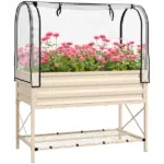 Raised Garden Bed with Legs and Cover Metal Elevated Planter Box with Bottom Shelf and Liner Cream - Image 11