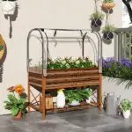 Outsunny Raised Garden Bed with Legs and Cover, Metal Elevated Planter Box with Bottom Shelf and Liner for Vegetables, Brown - Image 2