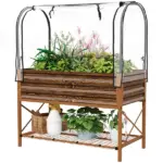 Outsunny Raised Garden Bed with Legs and Cover, Metal Elevated Planter Box with Bottom Shelf and Liner for Vegetables, Brown