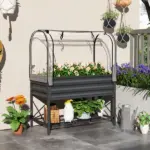 Outsunny Raised Garden Bed with Legs and Cover, Metal Elevated Planter Box with Bottom Shelf and Liner for Vegetables, Dark Gray - Image 2