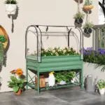 Outsunny Raised Garden Bed with Legs and Cover, Metal Elevated Planter Box with Bottom Shelf and Liner for Vegetables, Green - Image 2