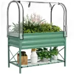 Outsunny Raised Garden Bed with Legs and Cover, Metal Elevated Planter Box with Bottom Shelf and Liner for Vegetables, Green - Image 11